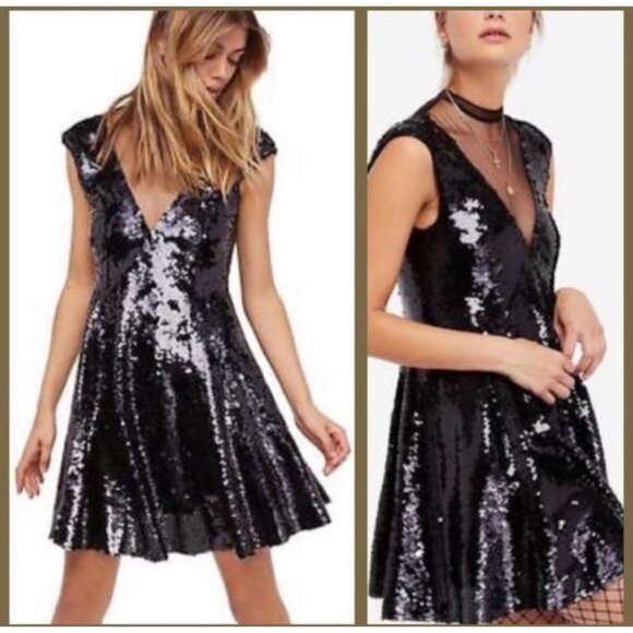 Free People Dresses & Skirts - Free People Dance Till Dawn Sequins Mini Dress XS Black Wimsigoth Mesh Fit Flare